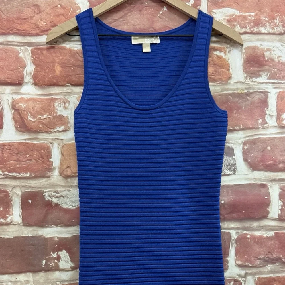 Michael Kors Sweater Dress Women's M Blue Ribbed Pleated Stretchy Casual Career